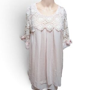 Simply Couture Tunic Top Womens Large Blush Pink Crochet Lace Bow Sleeve Boho
